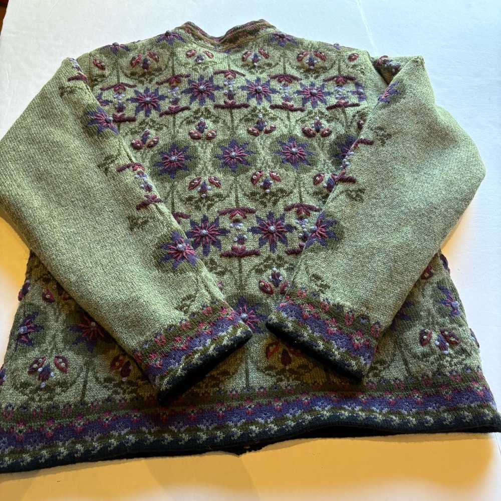 Icelandic Design Women's Full zip Wool Sweater Green/Purple Multi Size Medium - Picture 6 of 10